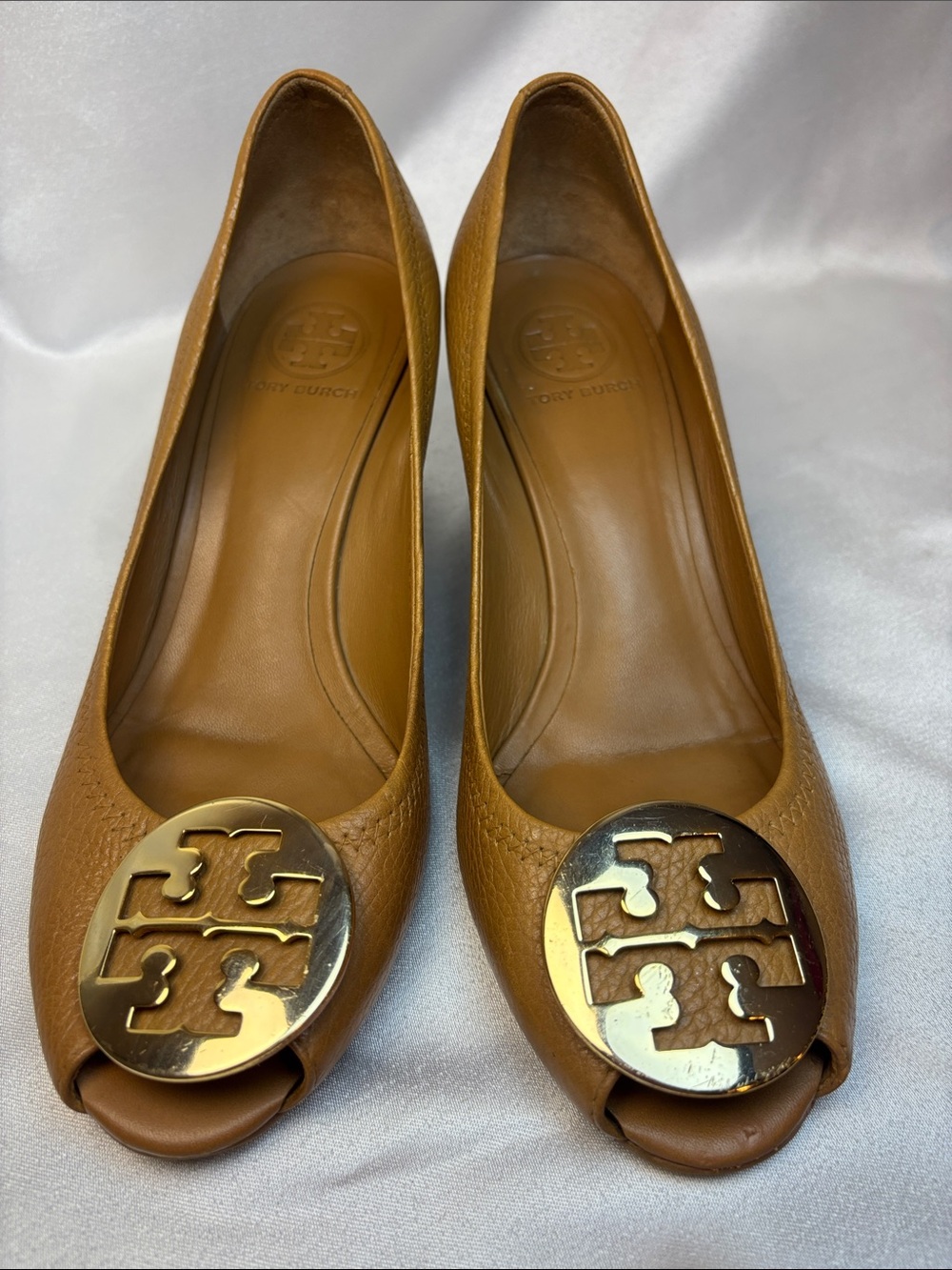 Tory Burch Tan Leather Peep-Toe Wedges with Gold Logo Medallion